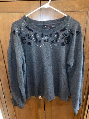 Maeve by Anthropologie Gray Rhinestone Crystal Beaded Embellished Sweater L